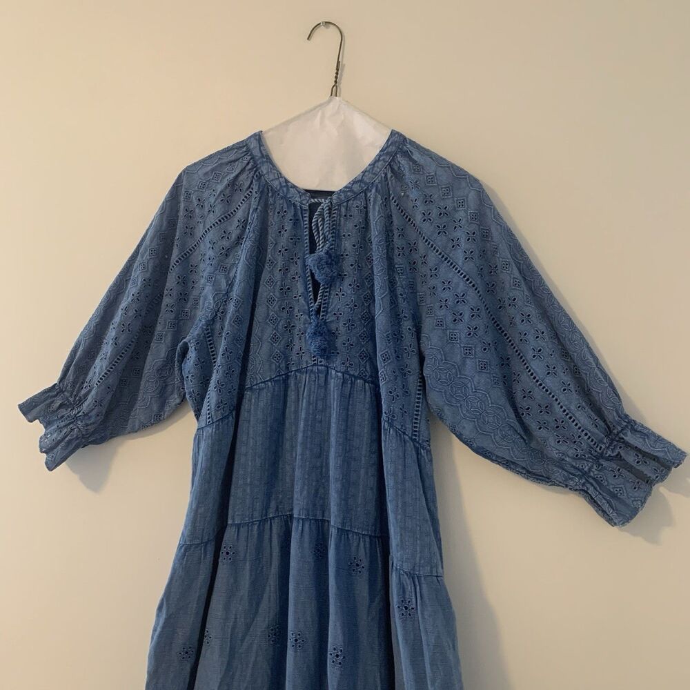 Tolani Chambray Maxi Dress Peasant Blouse Tassel Eyelet Detail - Large - Picture 2 of 16